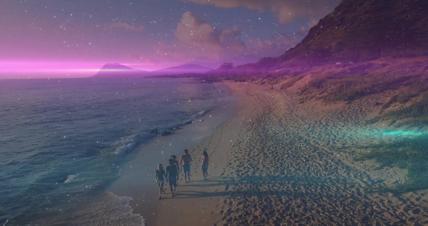Cinque adulti che camminano oltre l'inquadratura, cielo magenta che incornicia una passeggiata, sovrapposizione di grana che mostra immagini di viaggio