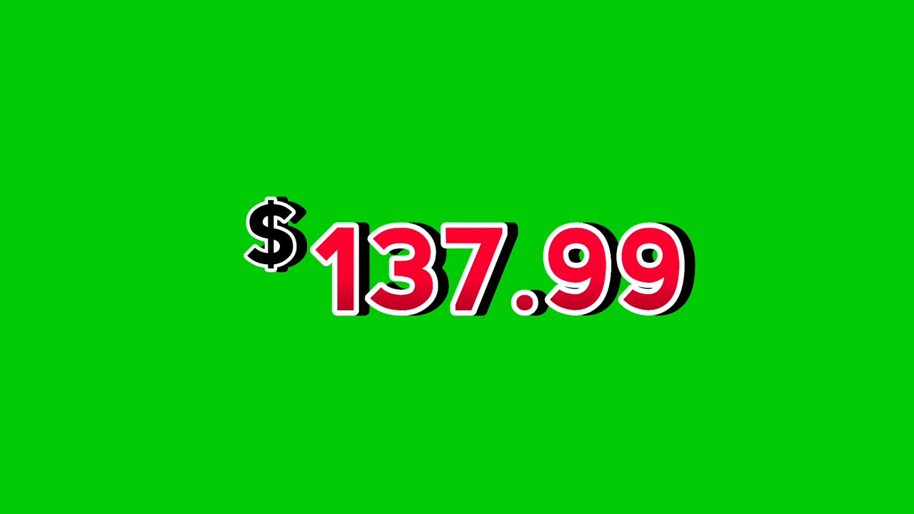 Yeşil ekran arka planı üzerinde duman efektli animasyonlu kırmızı 137,99 dolar fiyat etiketli hareketli grafikler. Reklamlar, e-ticaret, perakende, indirimler ve tanıtım videoları iş konsepti video öğesi için mükemmeldir