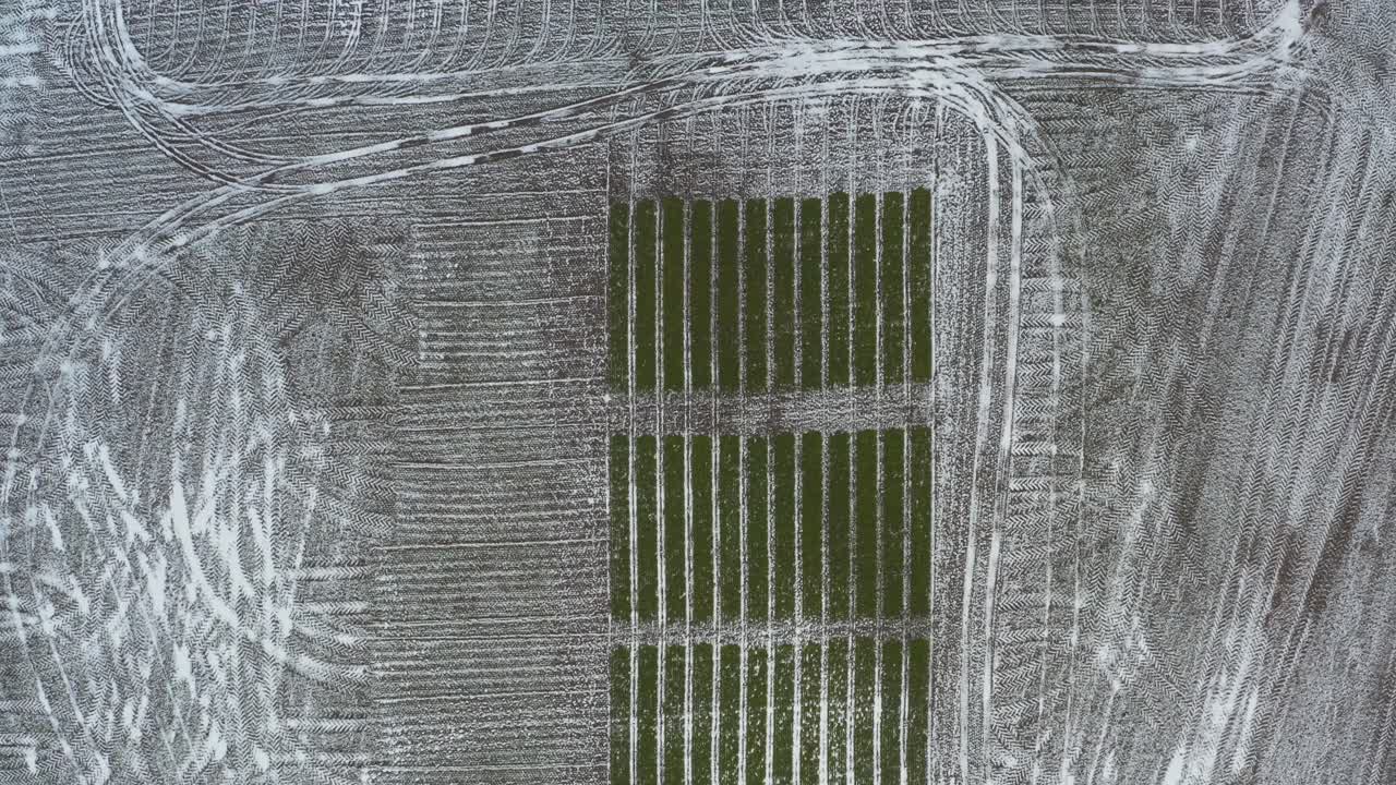 volar sobre pequeños surcos de campo de prueba de agricultura verde durante la temporada de invierno