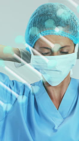 animación de una doctora caucásica con una máscara facial sobre una cadena de adn