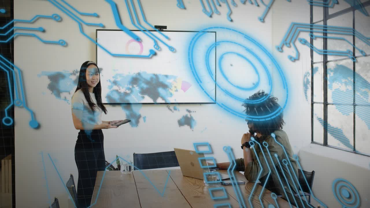 Woman presenter tapping tablet standing, presenting blue AR map for business male coworker watching