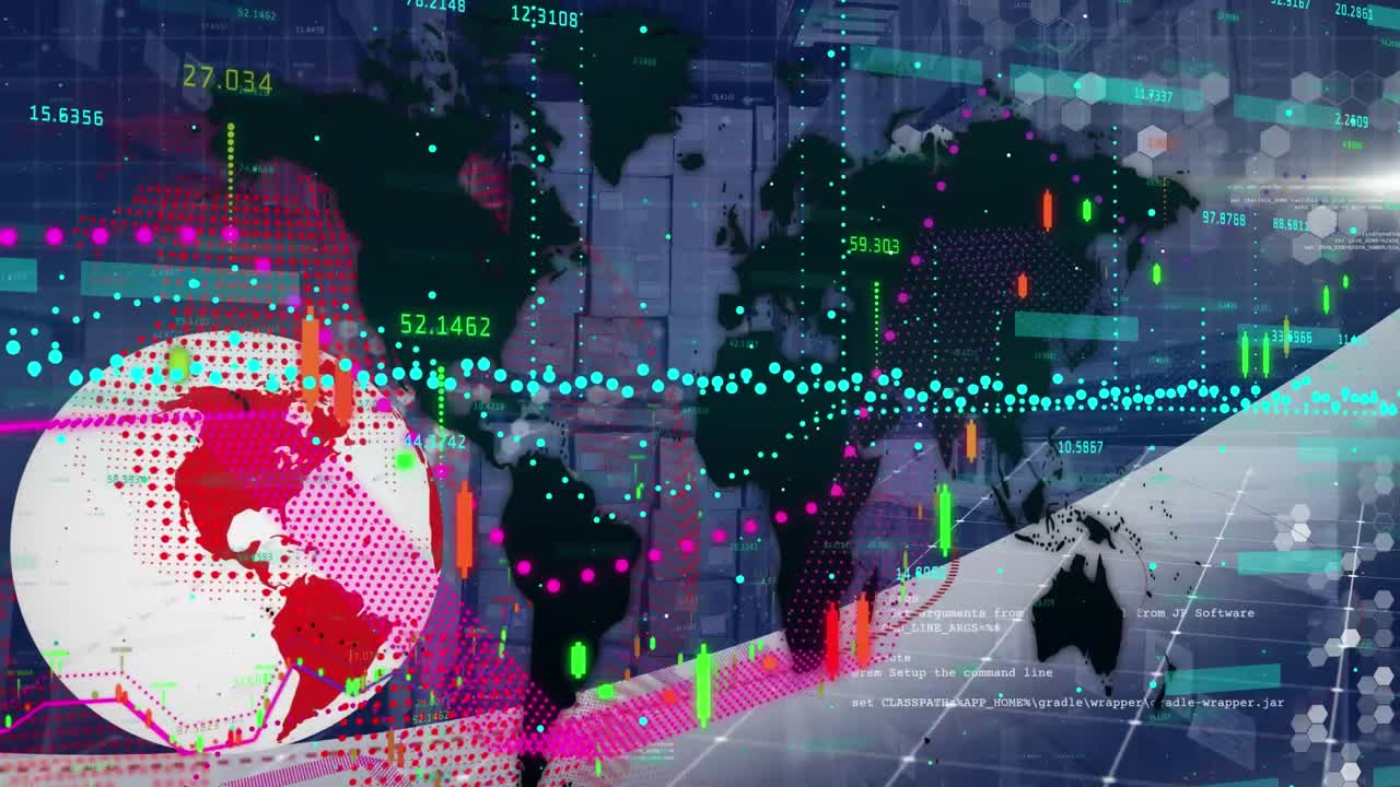 매장 위의 데이터 처리와 함께 지구와 디지털 인터페이스의 애니메이션