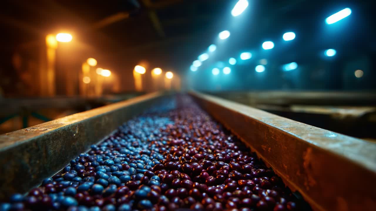 A Captivating Look at the Vibrant Stream of Freshly Harvested Berries Progressing Through an Industrial Processing Facility Under Soft Lighting