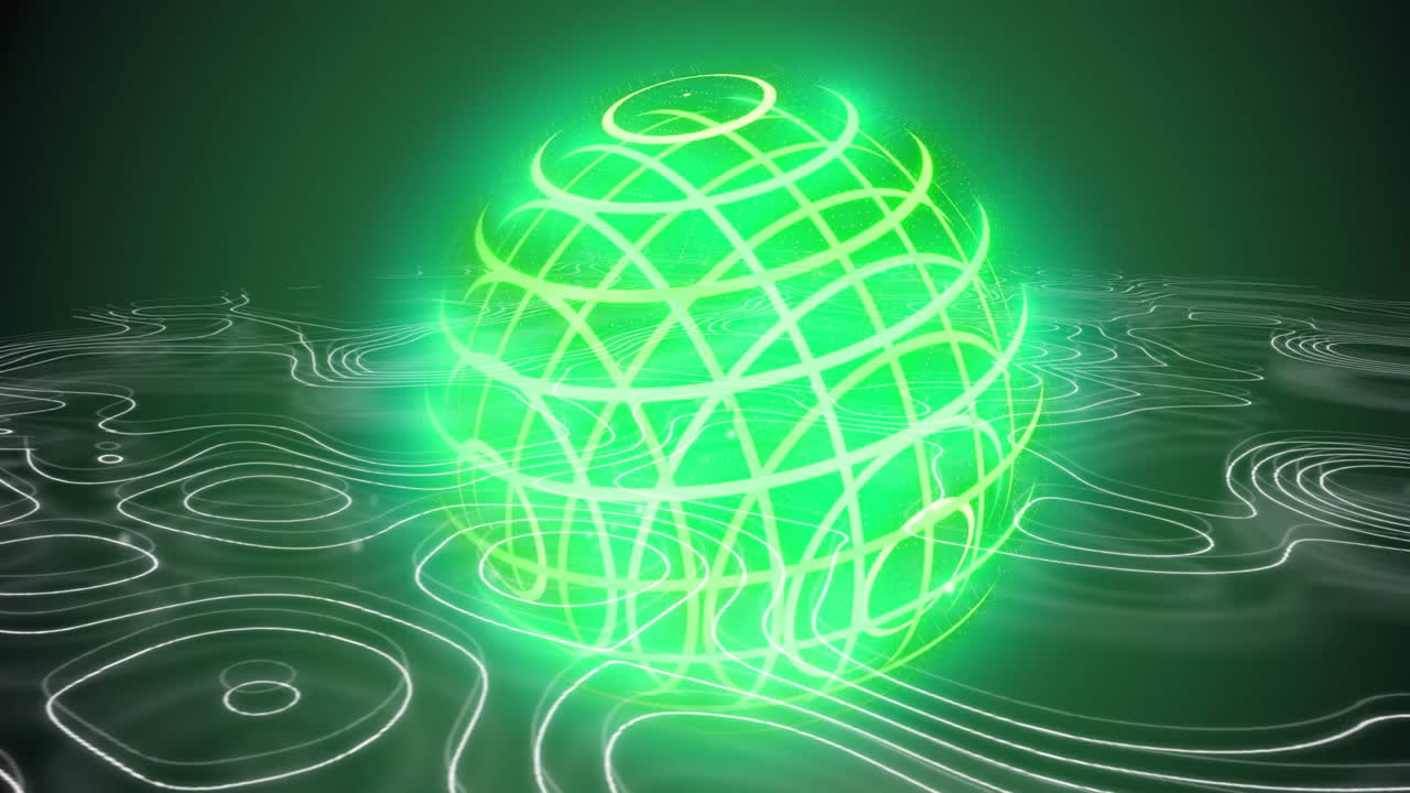 Animation of globe with light trails over white lines on black background