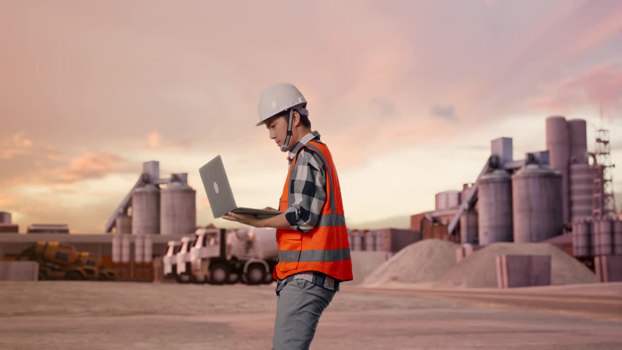 Side View of Asian Male Engineer Use Computer While Walking at Industrial Cement Plant with Sunset
