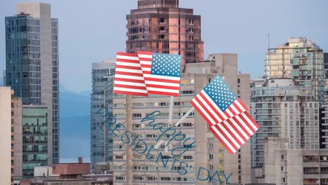 Happy-president's-day-text-banner-with-us-flag-icons-against-tall-buildings-in-background