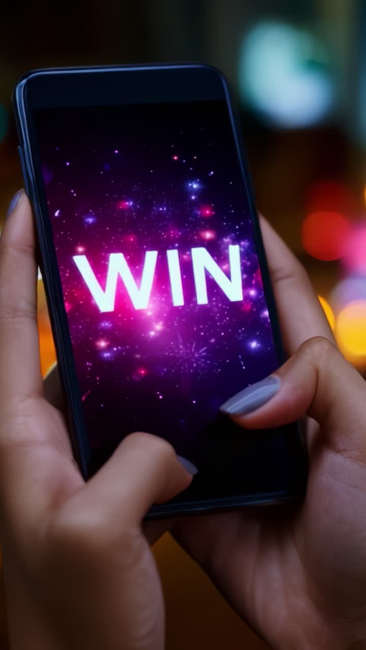 A Glowing Smartphone Screen Displays the Word 'WIN' Amidst a Colorful Cosmic Background, Symbolizing Success and Victory in Digital Environments