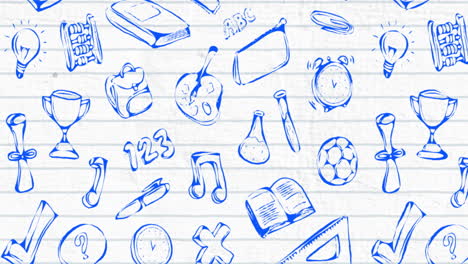 school concept icons moving against white lined paper