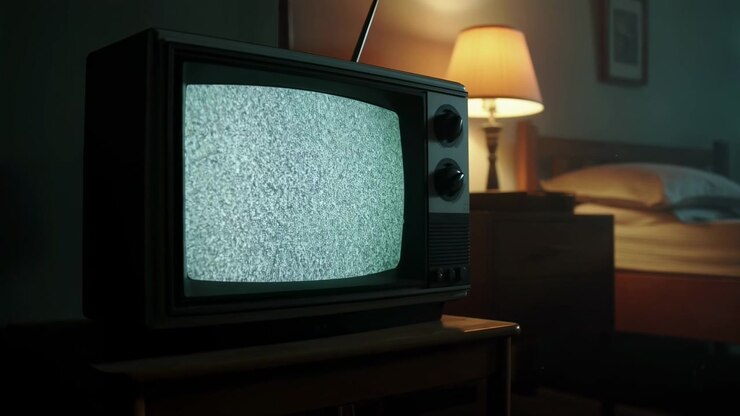 Un televisor antiguo con estática se encuentra en primer plano en un dormitorio tenue, con una cálida lámpara de noche encendida junto a una cama al fondo. La tranquila escena interior presenta sombras suaves, poca luz y un ambiente hogareño melancólico.