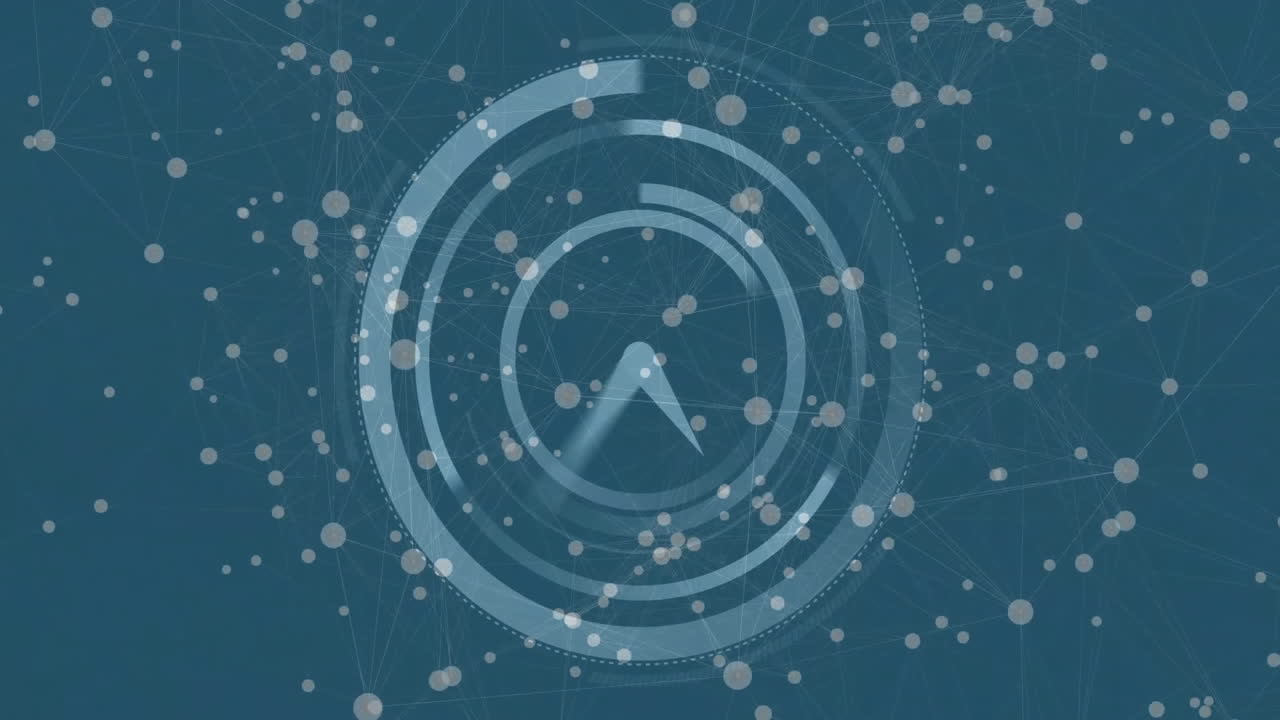 Rotating circular patterns and connecting dots animation over blue background