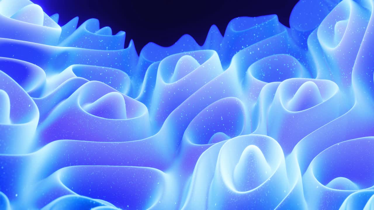 Abstract waves of soft blue matte material with light inner glow and glitters on morphing surface. Abstract geometric surface like landscape or terrain, extrude or displace 3d noise. Loop 4k
