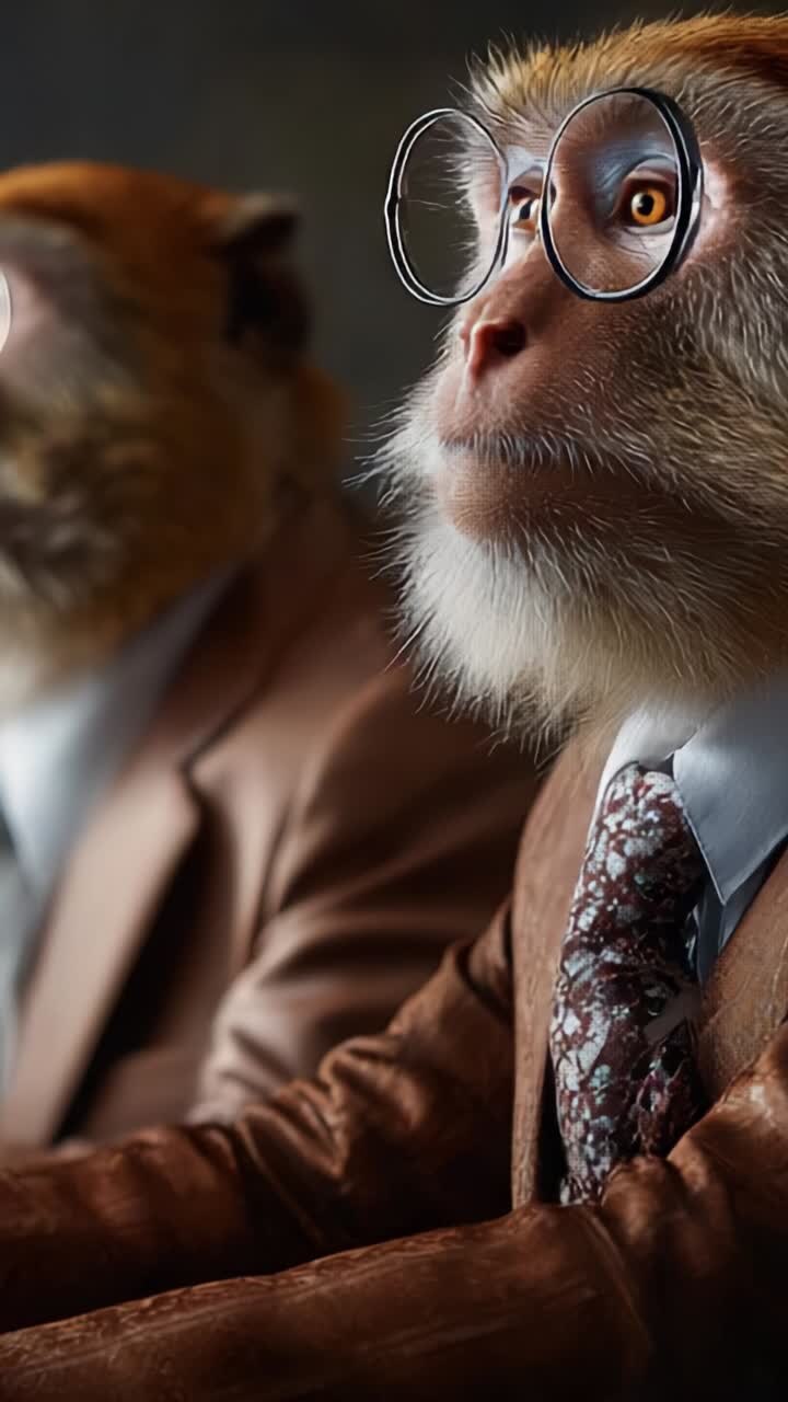 Dois macacos elegantes de terno e óculos sentam-se juntos, exalando uma vibe divertida e sofisticada em seus trajes estilosos com acessórios elegantes