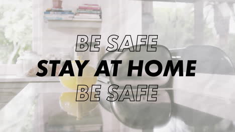 animación del mensaje de distanciamiento social que parpadea sobre una cocina vacía
