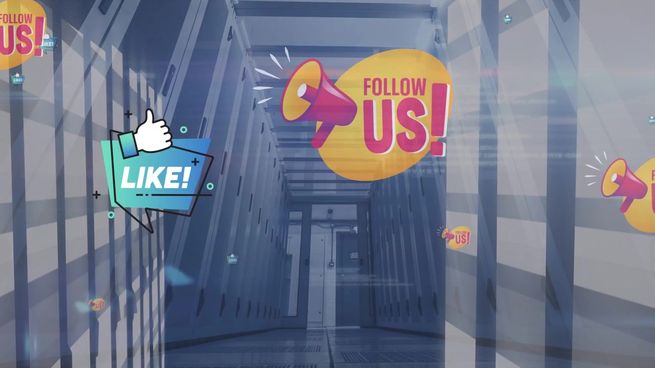 Animation de textes 'Suivez-nous' sur une salle de serveurs