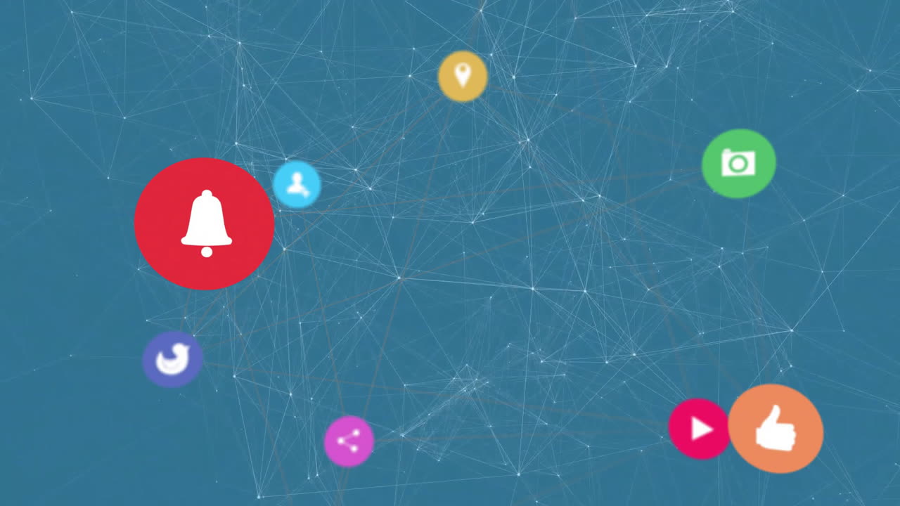 소셜 미디어 알림 아이콘: 파란색 네트워크 연결 배경 위의 애니메이션