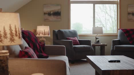 stylistic lamps and seating in the loft living at a wood cabin in northern minnesota