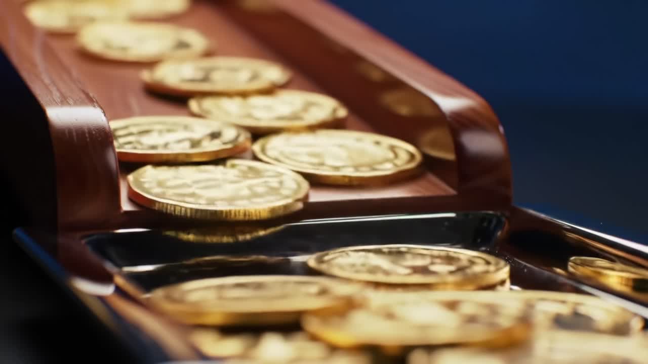 A Close-Up View of Gleaming Gold Coins Cascading in a Wooden Tray, Capturing the Brilliant Shine and Intricate Details of Each Coin