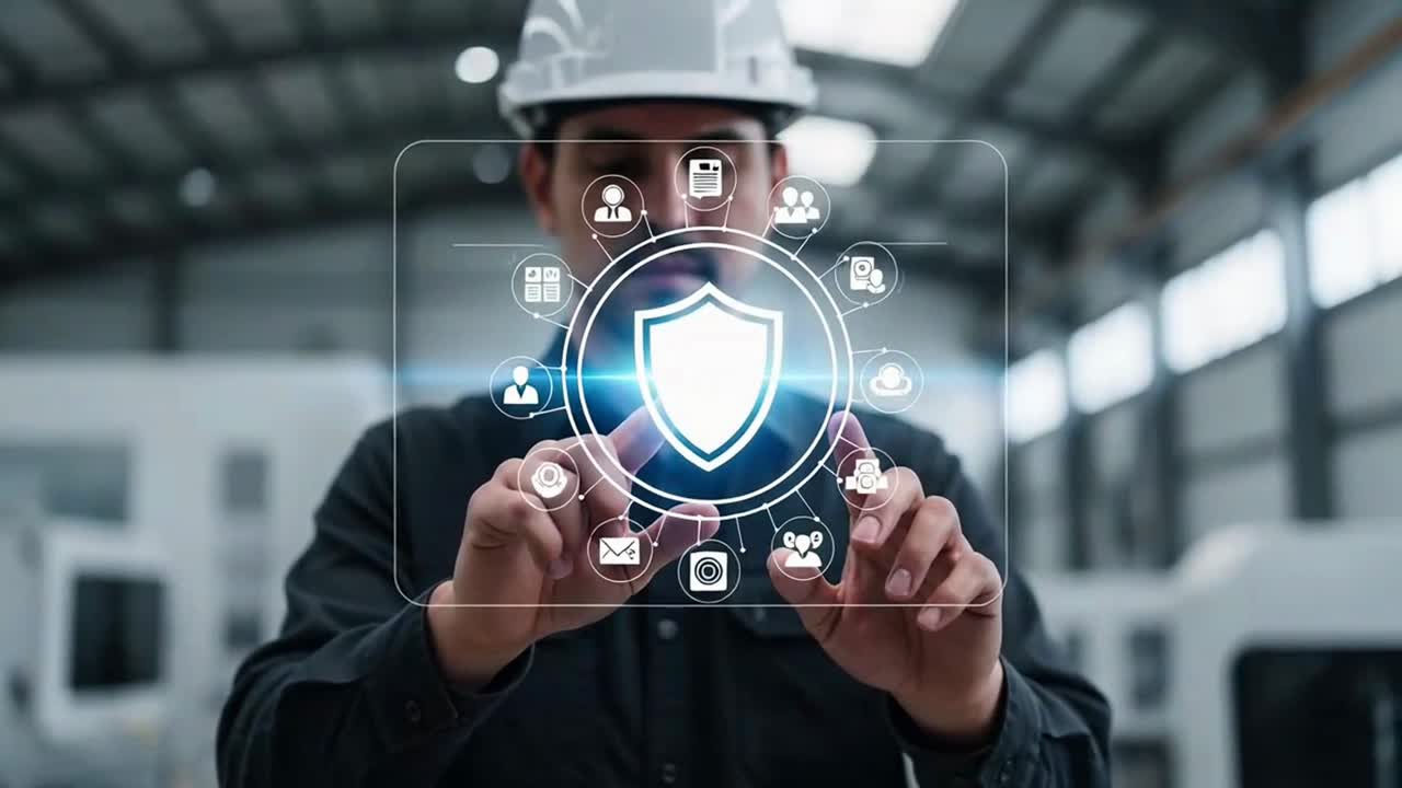 Industrial Engineer Managing Data Security on a Virtual Shield Interface in a Factory