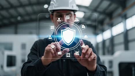 industrial engineer managing data security on a virtual shield interface in a factory