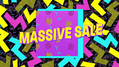 animation of massive sale text over colourful shapes on black background