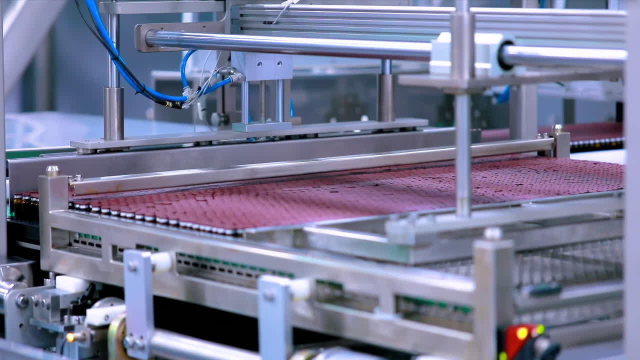 Industrial medical vials on production line at pharmaceutical factory, injection vaccine filling