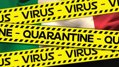 animation of the words quarantine and virus written yellow on tape