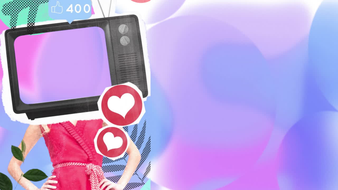 Surreal collage showing woman with television head standing proud, floating icons pastel backdrop