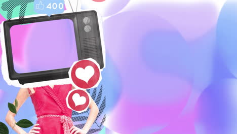 surreal collage showing woman with television head standing proud, floating icons pastel backdrop