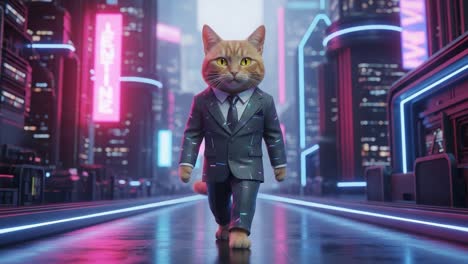 a confident feline in a stylish suit strides through a vibrant, futuristic cityscape, surrounded by glow and neon lights transforming the urban environment