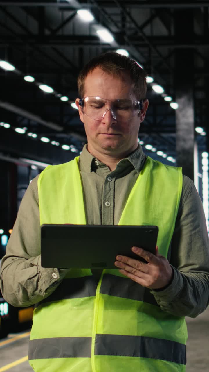 Vertical Video Worker in a manufacturing facility manages heavy machinery activity on tablet