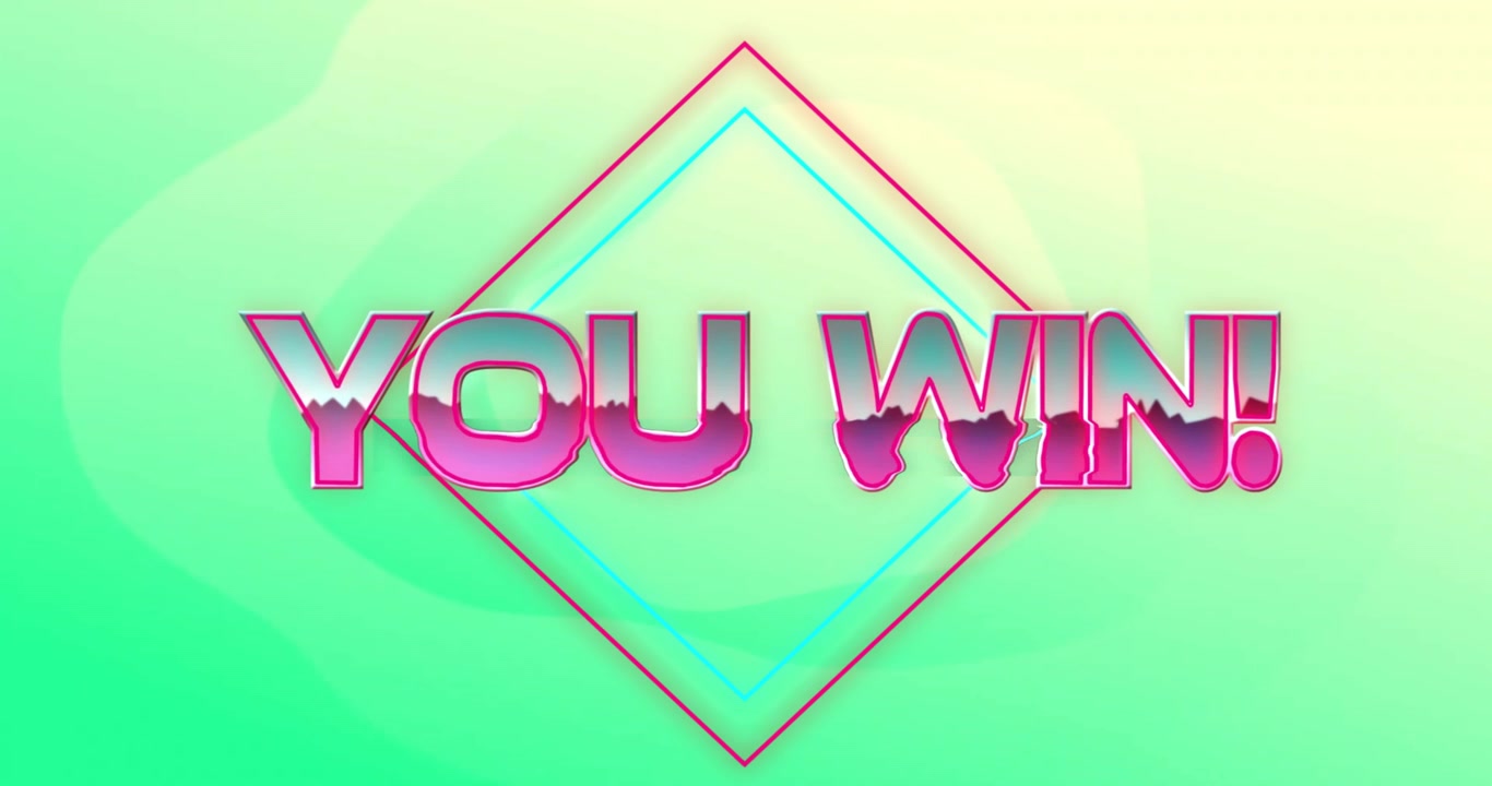Animation of you win text and shapes on green background