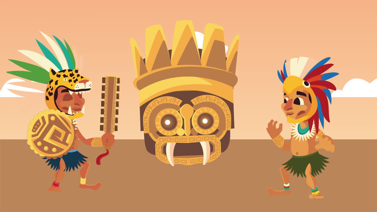 cultura azteca cabeza de ídolo con animación de nativos