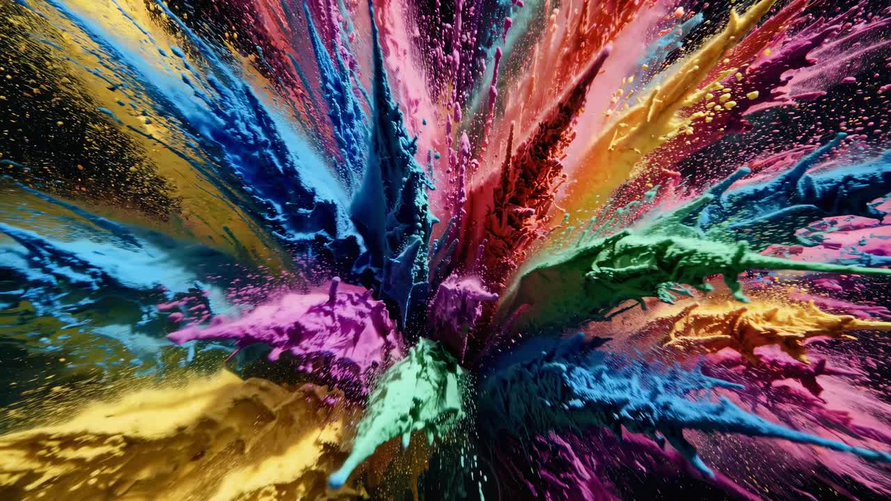 A dynamic explosion of vibrant paint splashes captured from a top-down angle, resembling a colorful