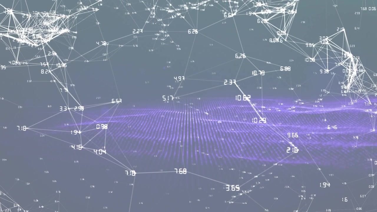 Animation of purple mesh, networks of connections with numbers processing over grey background