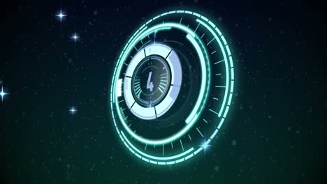 Animation-of-safe-lock-with-countdown-rotating-over-glowing-stars-on-black-background