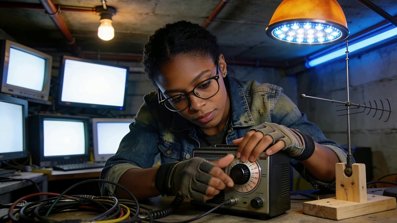 Inspecting radio, woman in denim jacket turning dial at basement bench, monitoring signal, CRTs