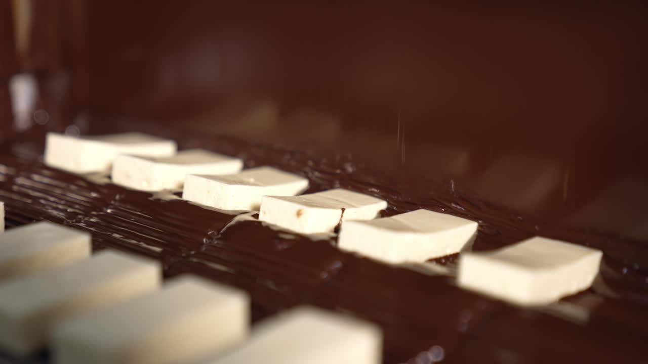 Milky bars being covered by thick chocolate. White sweets moving under the flow of chocolate. Production of candies close up.