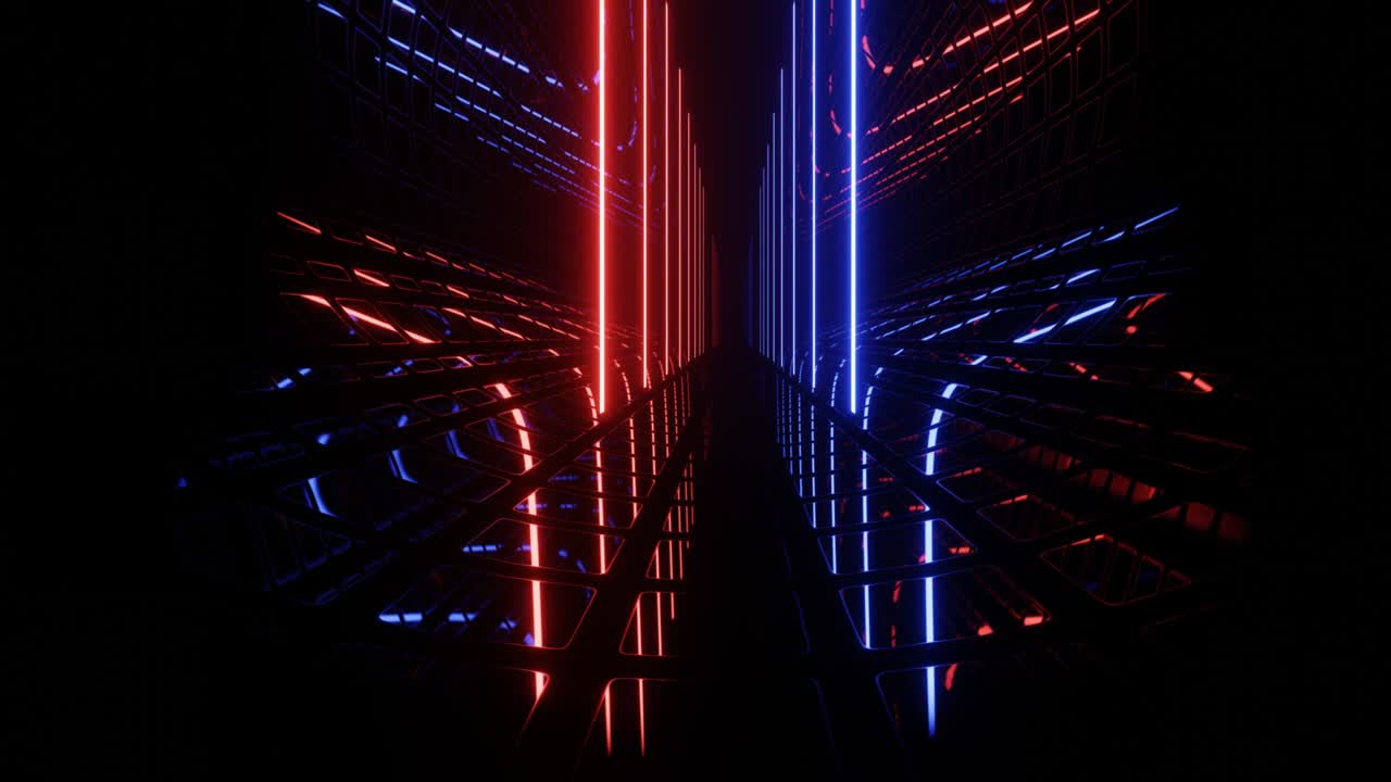 hi-tech neon sci-fi tunnel. linee di luminosità al neon alla moda formano modello e costruzione in tunnel a specchio. volare attraverso la tecnologia cyberspace. 3d looped seamless 4k background giovanile luminoso.
