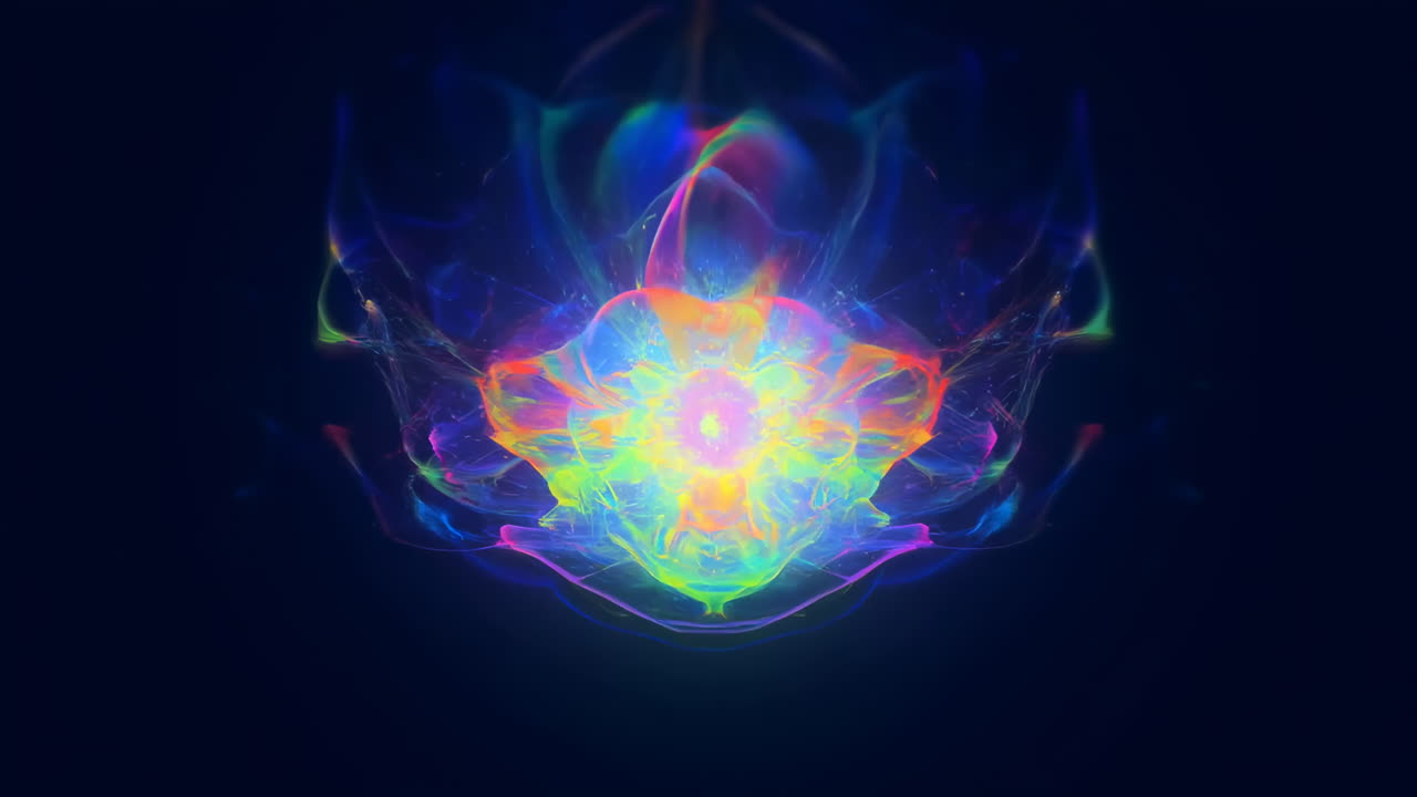 Energia luminosa astratta e colorata che pulsa e si trasforma su sfondo scuro.