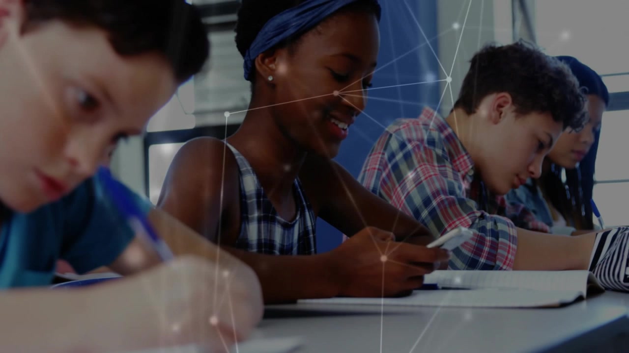 Camera panning across education pupils studying while center girl texting, network overlay drifting