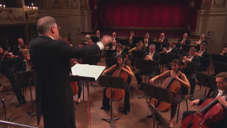 symphony orchestra performance with conductor on stage