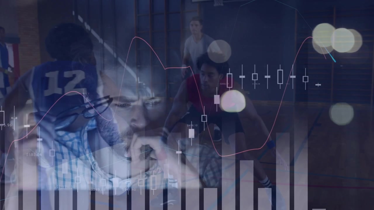 Animation of data processing and caucasian businessman over diverse male basketball players at gym