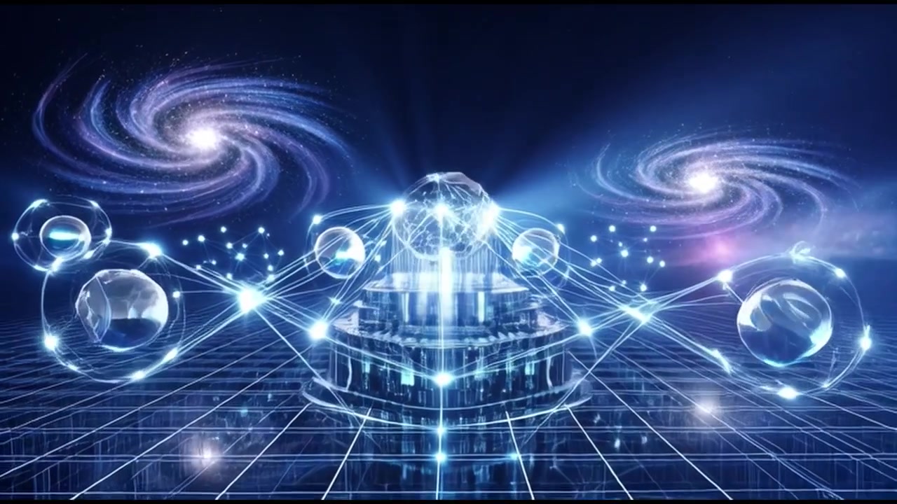Abstraktní digitální síť spojující geometrické koule v prostoru