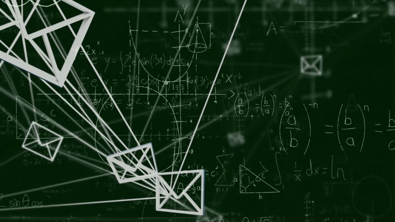 animación de la red de conexiones con iconos sobre ecuaciones matemáticas sobre fondo negro
