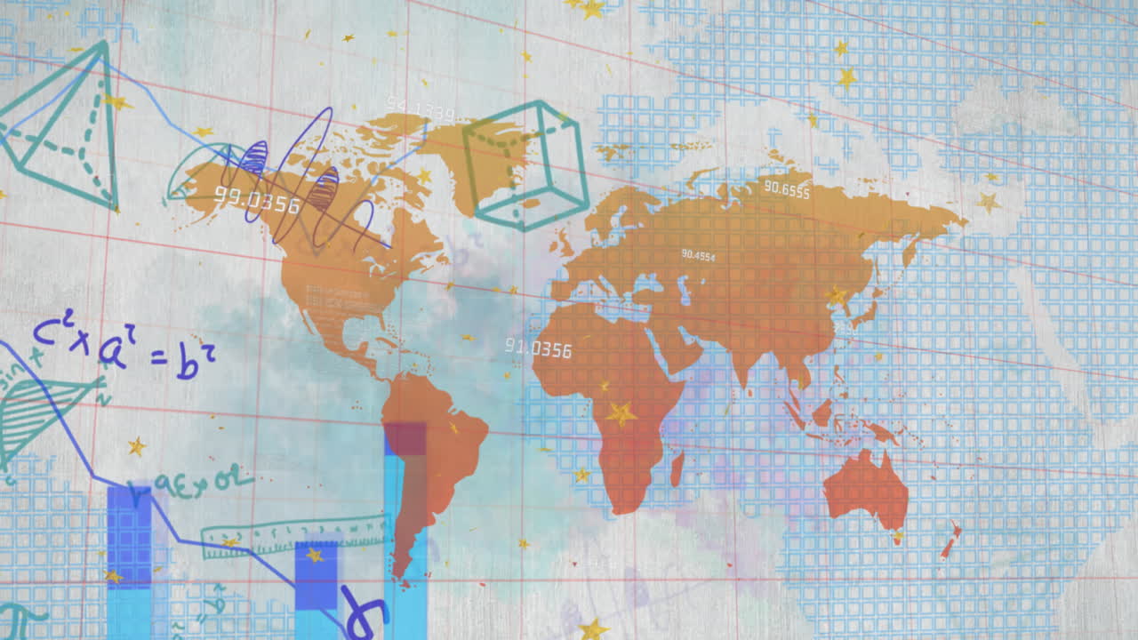 animación de gráficos, ecuaciones matemáticas y diagramas con mapa sobre fondo blanco