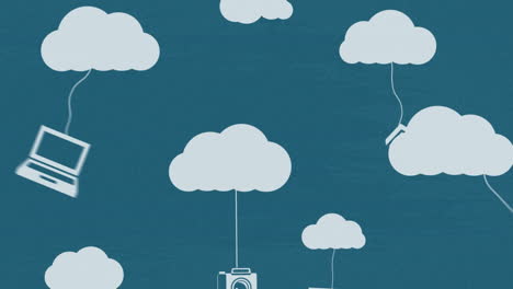animación de múltiples iconos colgando con nubes contra un fondo azul