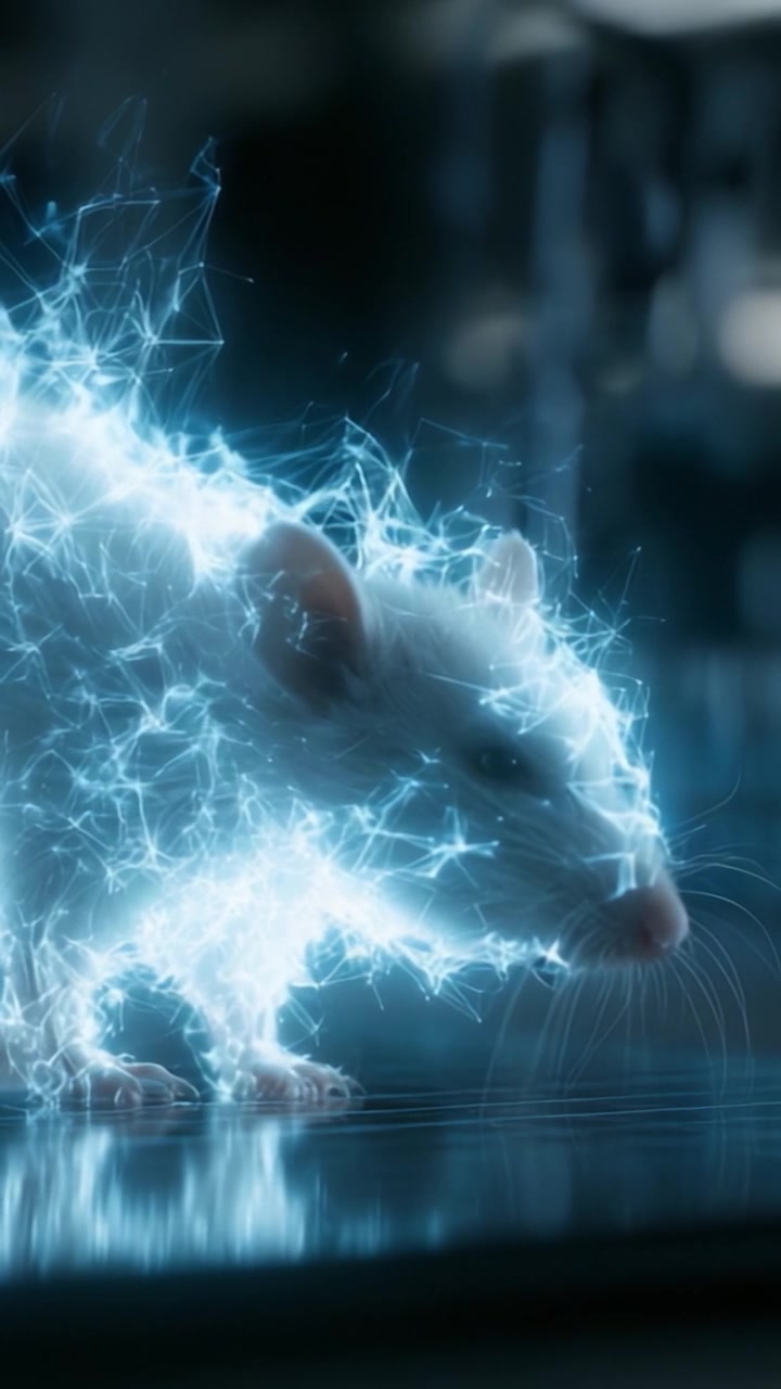 Um Vislumbre Hipnotizante de um Rato Futurista e Eletrificado Rodeado por Partículas de Energia Cintilantes, Mostrando a Interseção entre Natureza e Tecnologia