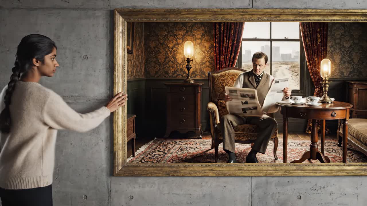 A woman viewing a painting of a man reading a newspaper