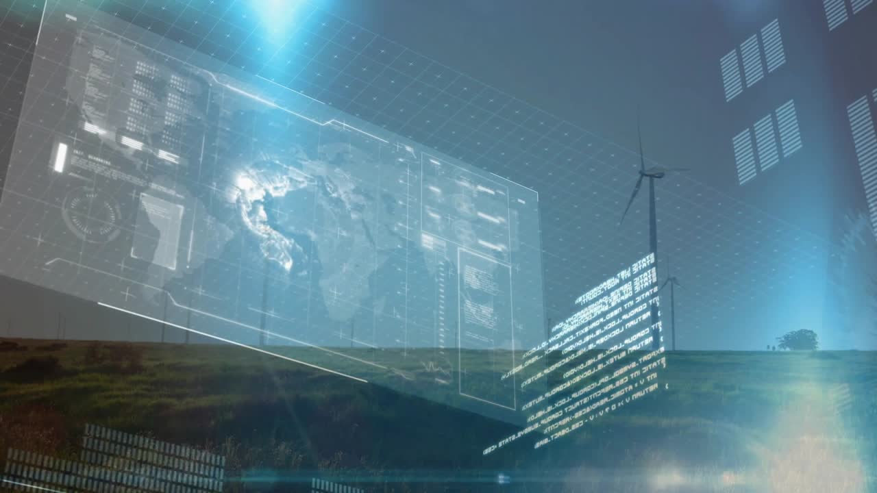 Holographic world map panel sliding in from left, aligning data and visualizing wind farm metrics
