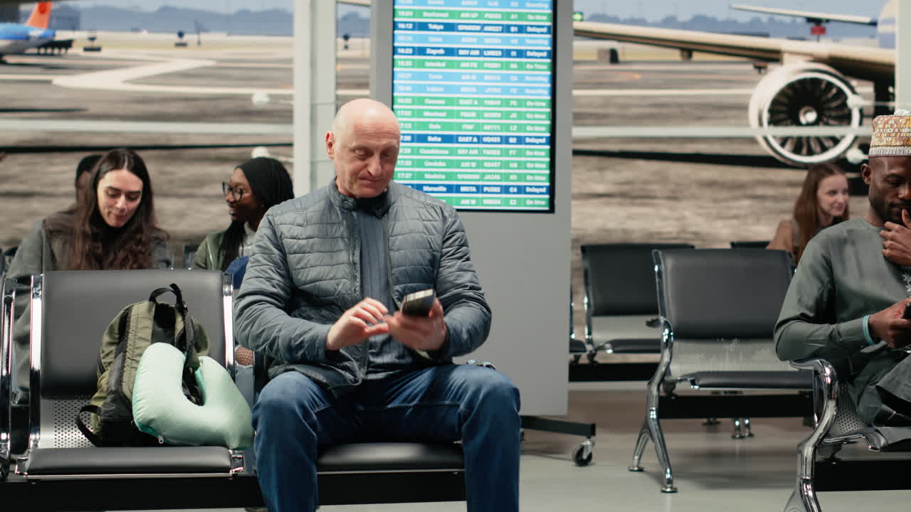 Turista in aeroporto che indossa abiti etnici e usa il telefono cellulare per scrivere alla famiglia